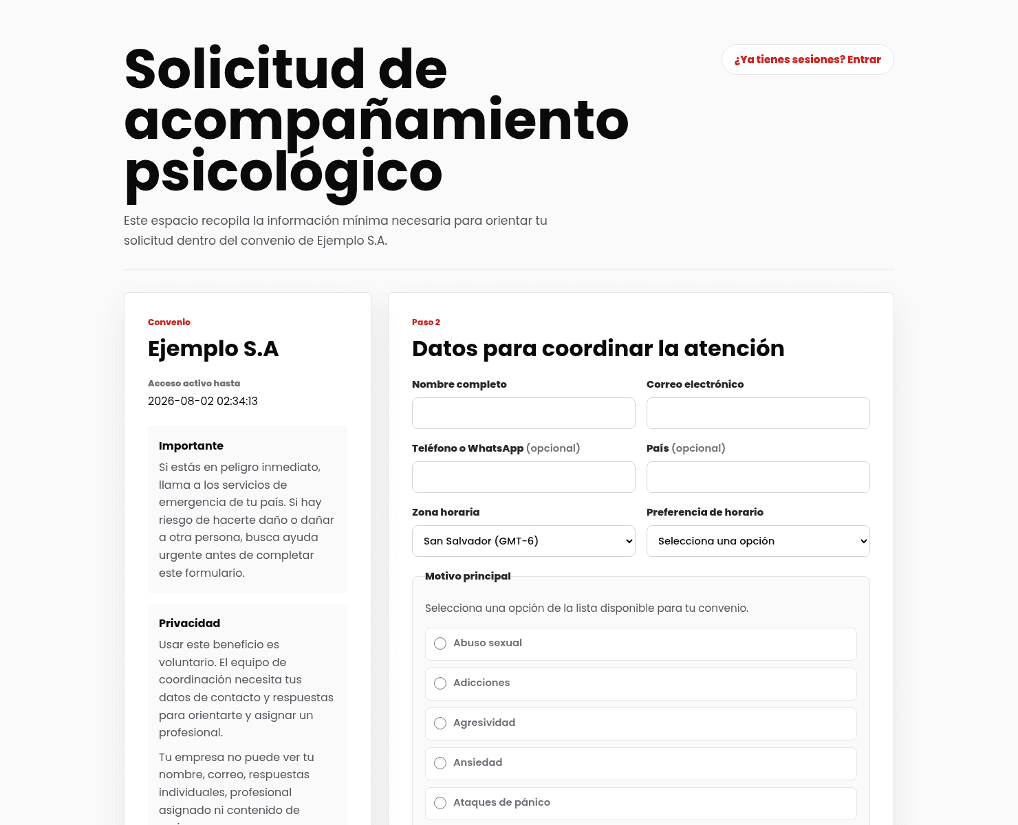 Formulario de solicitud de acompañamiento psicológico del convenio: datos de contacto, zona horaria y motivo de consulta, con la nota de privacidad para el empleado