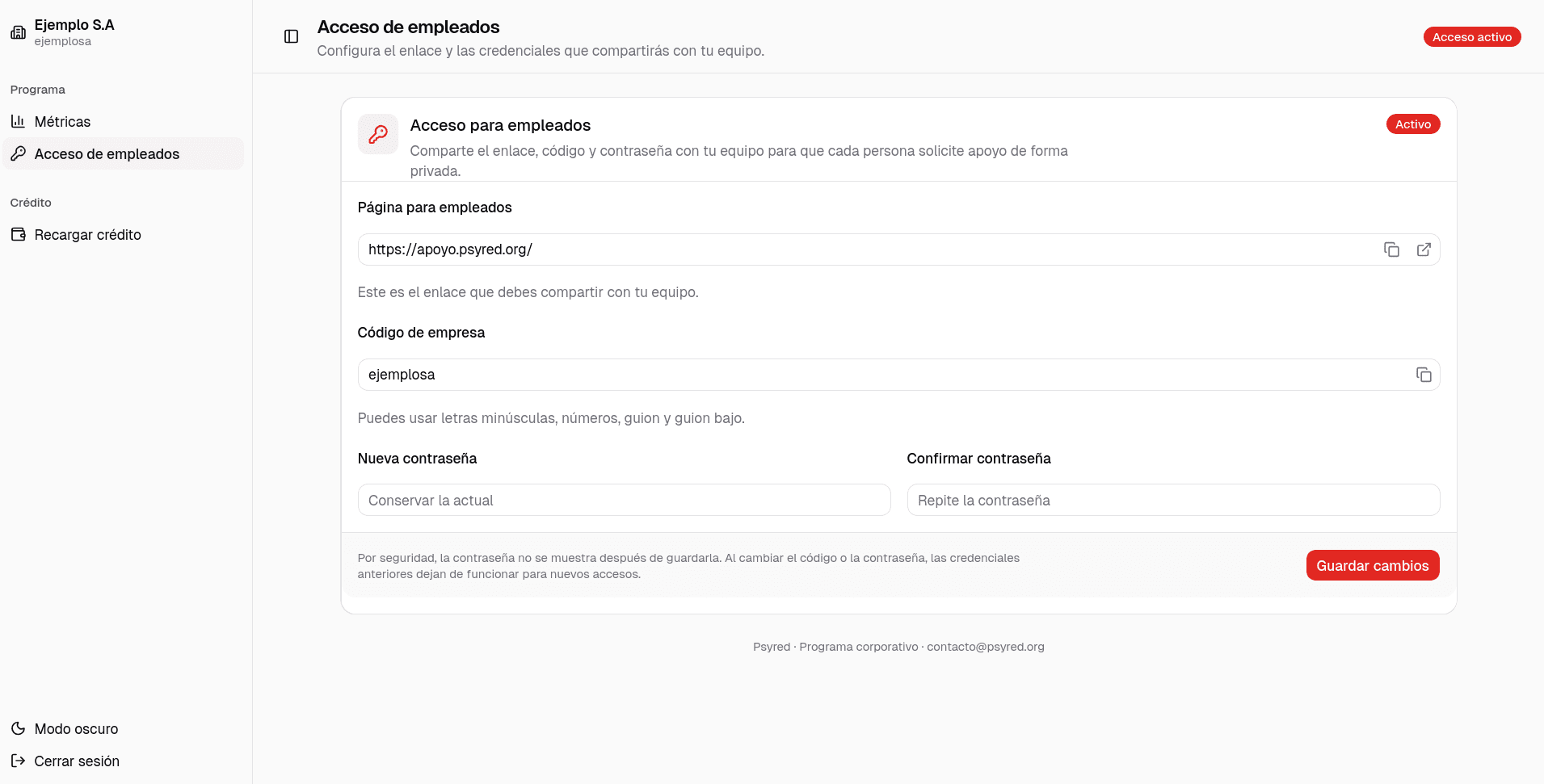 Pantalla de acceso de empleados de Psyred: activación privada del beneficio con el código de la empresa