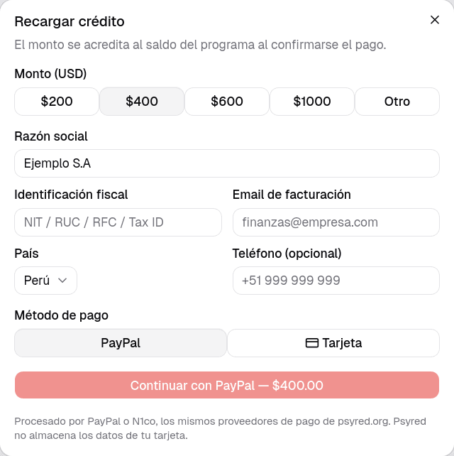 Pantalla de recarga de crédito del portal de empresas de Psyred, con montos para elegir y saldo disponible