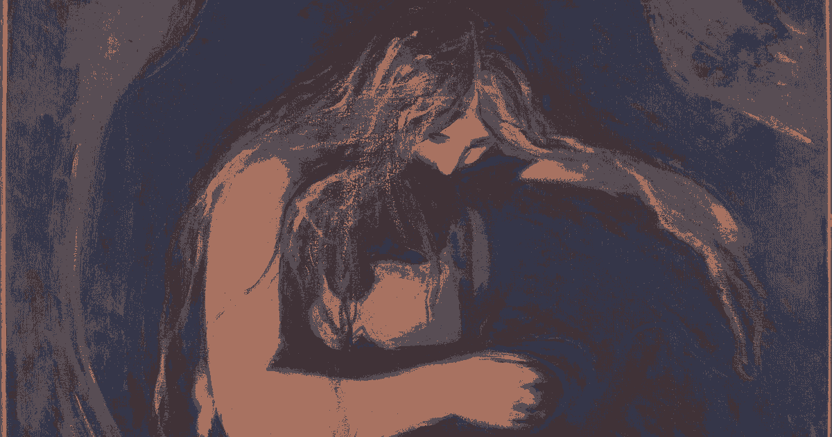 Vampiro, de Edvard Munch. Una mujer de pelo largo abraza a un hombre encorvado y apoya la cara en su nuca.