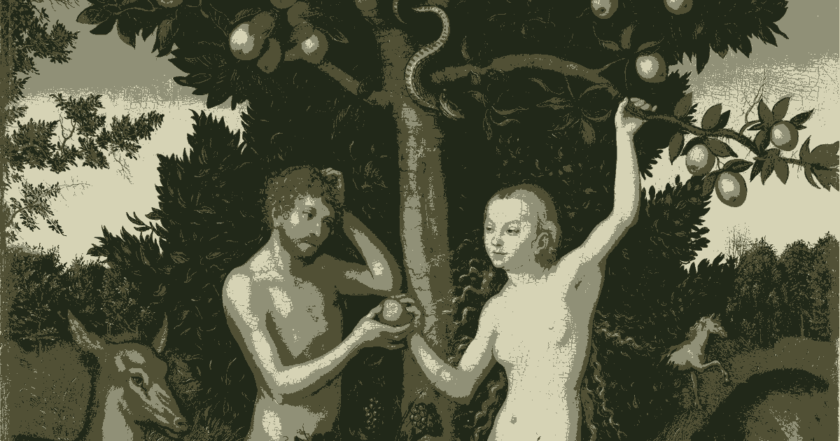 Adán y Eva, de Lucas Cranach el Viejo. Eva arranca una manzana del árbol donde está la serpiente mientras Adán se rasca la cabeza.