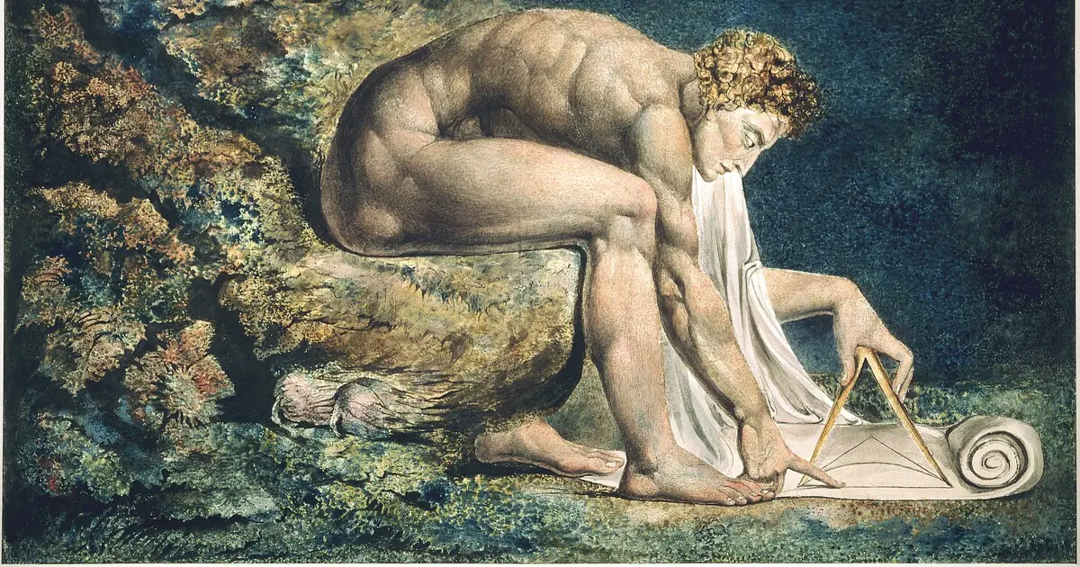 Newton, de William Blake. Un hombre desnudo, inclinado sobre una roca en el fondo del mar, mide un diagrama con un compás.
