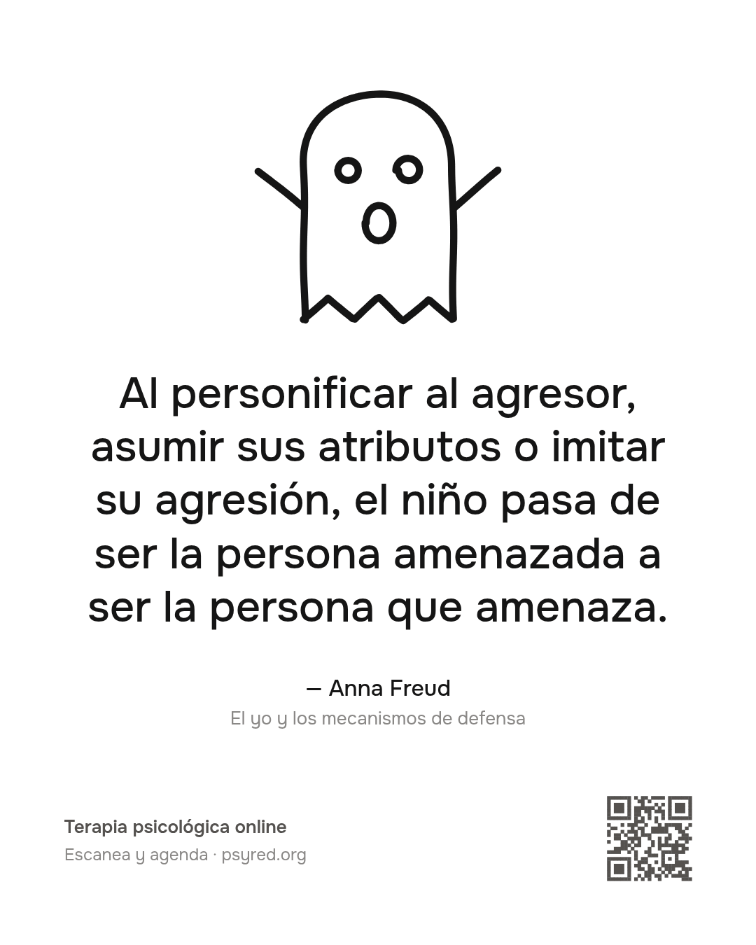 Al personificar al agresor, asumir sus atributos o imitar su agresión, el niño pasa de ser la persona amenazada a ser la persona que amenaza. Anna Freud