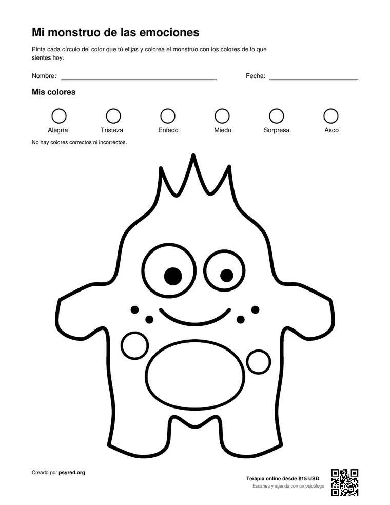 Mi monstruo de las emociones, hoja 1 de 3 del PDF para imprimir: Pinta cada círculo del color que tú elijas y colorea el monstruo con los colores de lo que sientes hoy.