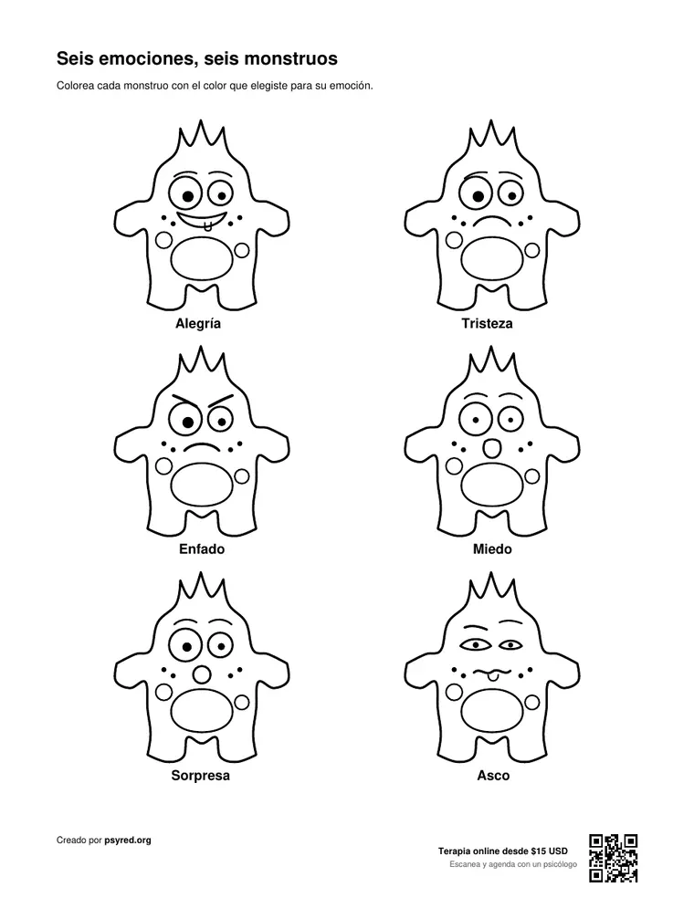 Seis emociones, seis monstruos, hoja 2 de 3 del PDF para imprimir: Colorea cada monstruo con el color que elegiste para su emoción.