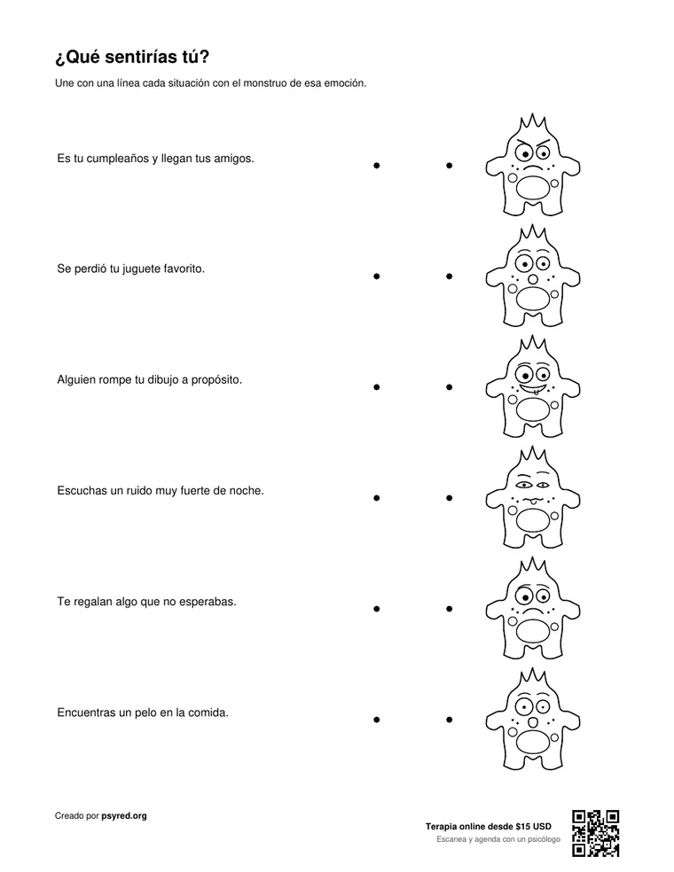 ¿Qué sentirías tú?, hoja 3 de 3 del PDF para imprimir: Une con una línea cada situación con el monstruo de esa emoción.