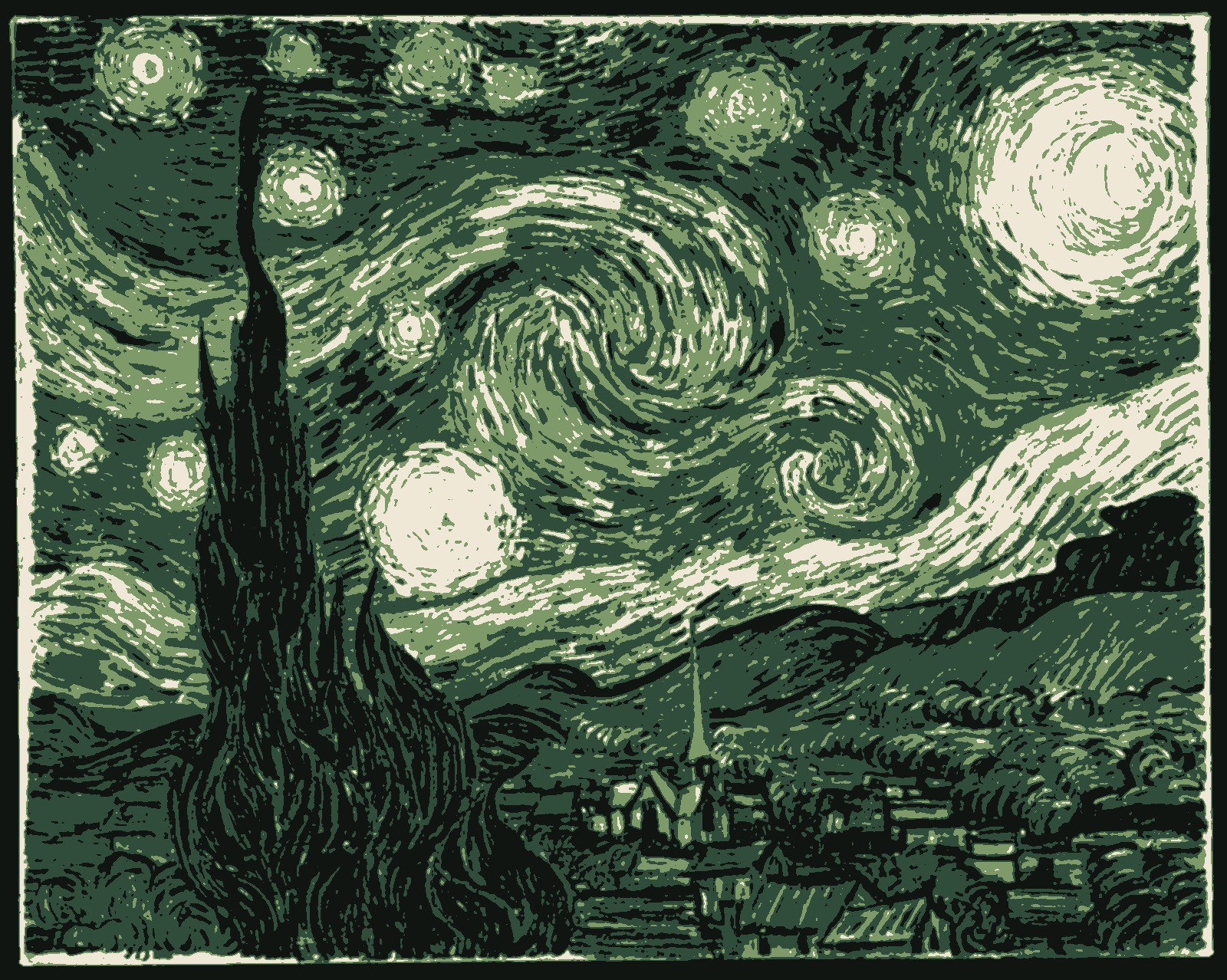Cielo nocturno en remolinos, tratado a cuatro colores planos