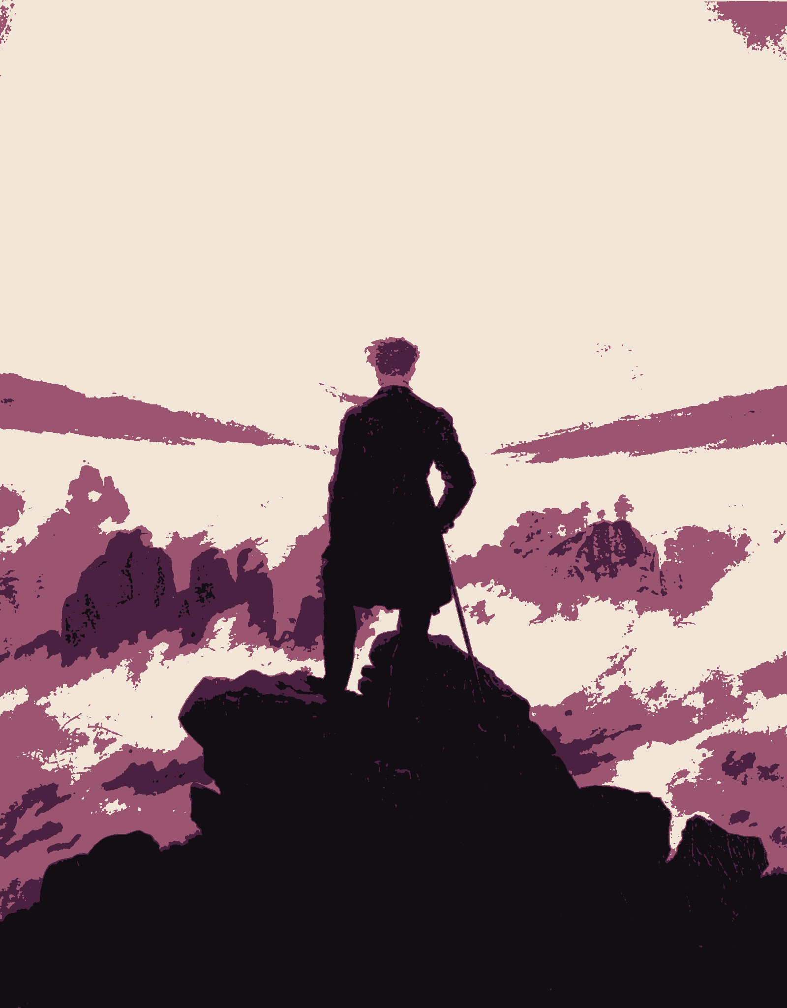 Figura sola de espaldas frente a la niebla, tratada a cuatro colores planos